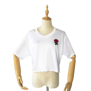 Women Short Floral T Shirt Summer Sexy Hollow Out Short Sleeve Casual Black White Crop Top Rose Embroidery T-shirt New