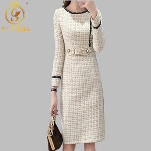 2019 New Tweed Dress Women Spring Vintage Wool Plaid Dresses Female Elegant Woolen Dress Ladies Office Vestidos