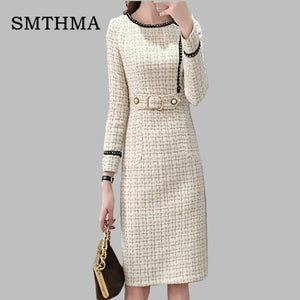 2019 New Tweed Dress Women Spring Vintage Wool Plaid Dresses Female Elegant Woolen Dress Ladies Office Vestidos