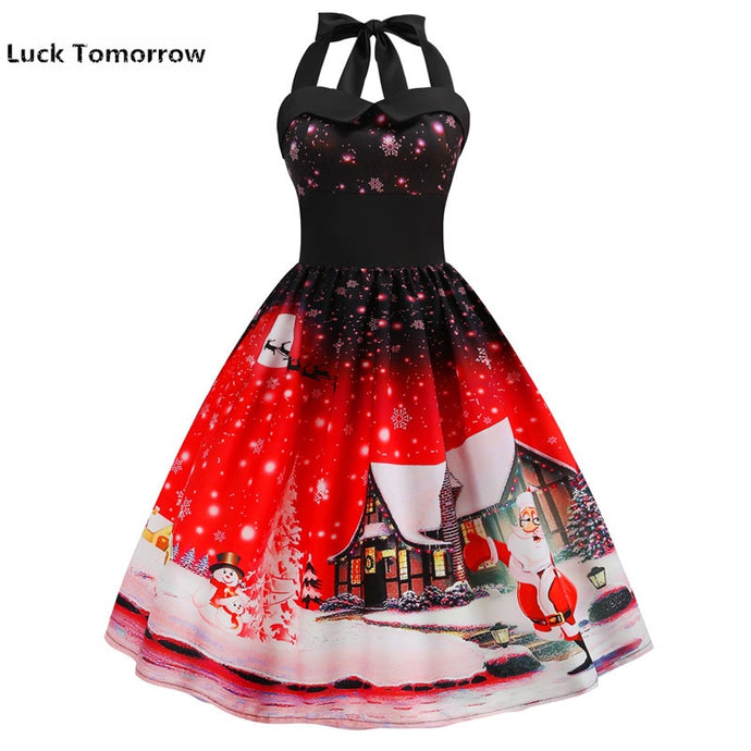 New Summer Dress Women Halter Print Vintage Dresses Plus Size Snowflake Christmas Party Dress Rockabilly Swing Midi Vestidos