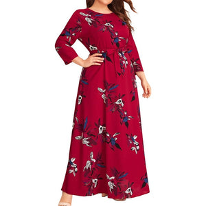 MISSOMO Plus Size 5XL dress Women maxi dress Casual Floral Print O-Neck Long Sleeve Bandage long Dress  with belt vestidos 813