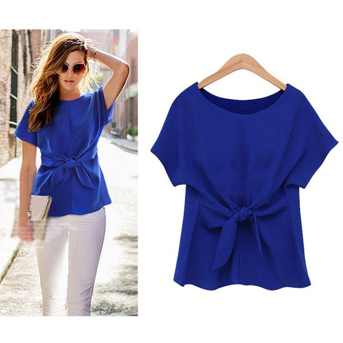 New Arrival   Elegant Womens Ladies Short Sleeve Front Bandage Casual Chiffon Shirt Tops T-Shirt Three Colors