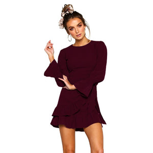 Autumn Women dress long sleeve ruffle hem mini sundress solid wrap robo femme club party short dress vestidos with belt