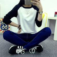 Load image into Gallery viewer, Autumn Women Striped Splicing Baseball T-Shirt  Fashion O Neck Long Sleeve Top Tee Female All Matched Sleeve T Shirt