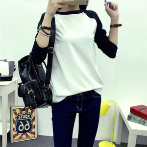 Autumn Women Striped Splicing Baseball T-Shirt  Fashion O Neck Long Sleeve Top Tee Female All Matched Sleeve T Shirt