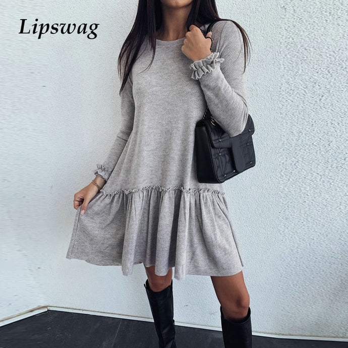 Lipswag Women Dress 2019 Autumn Butterfly Long Sleeve Solid Pleated Dress Ruffles Casual O-Neck Short Party Mini Dress Vestidos