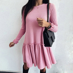 Lipswag Women Dress 2019 Autumn Butterfly Long Sleeve Solid Pleated Dress Ruffles Casual O-Neck Short Party Mini Dress Vestidos