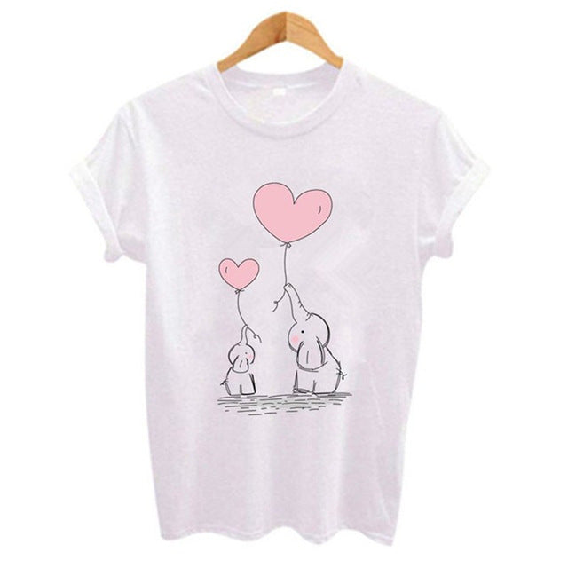 Kawaii cute Elephant balloon Print Women t shirt Summer Funny Short sleeve t-shirt Casual Female Tops