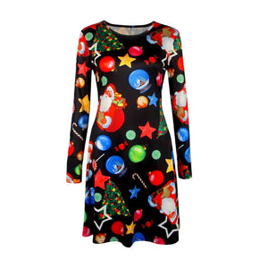 Large Size Women Christmas Dresses Long Sleeve O-neck Cute Printed Short Dress Plus Size Women Clothes Thin Stretch Vestidos 5XL