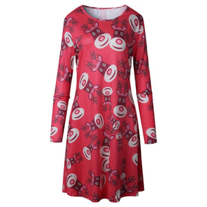 Large Size Women Christmas Dresses Long Sleeve O-neck Cute Printed Short Dress Plus Size Women Clothes Thin Stretch Vestidos 5XL