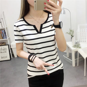 Womens Stripes T-Shirt V Collar T Shirts Skinny Half Sleeve Clothes Women Slim Under Wear Tshirt Casual Top Tees For Female