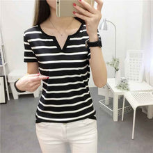 Load image into Gallery viewer, Womens Stripes T-Shirt V Collar T Shirts Skinny Half Sleeve Clothes Women Slim Under Wear Tshirt Casual Top Tees For Female