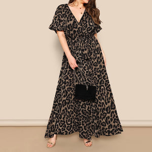 summer dress women 2019 robe femme vestidos de verano robe lon Sexy Plus Size Leopard Print V-Neck Short Sleeve Bandage Dress Z4