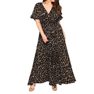 summer dress women 2019 robe femme vestidos de verano robe lon Sexy Plus Size Leopard Print V-Neck Short Sleeve Bandage Dress Z4