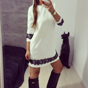 New 2018 Women Lady White Party Mini Sundress Beach Loose Lace Floral Patchwork Three Quarter Sleeve Dress