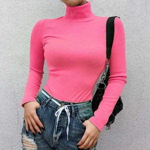 2019 Autumn Winter Neon Color Ribbed T Shirt Women Long Sleeve Turtleneck Tshirt Fashion Slim Pure Color Knitted Tops Tee