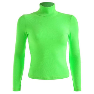 2019 Autumn Winter Neon Color Ribbed T Shirt Women Long Sleeve Turtleneck Tshirt Fashion Slim Pure Color Knitted Tops Tee