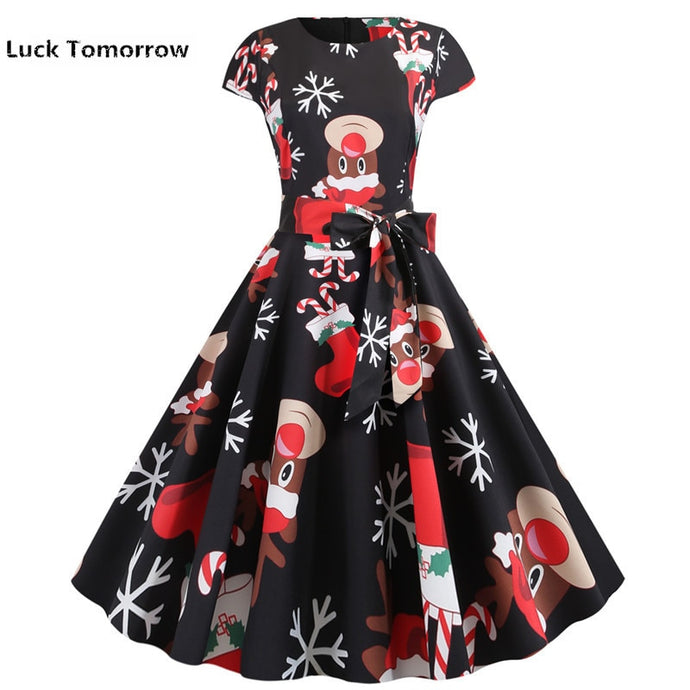 O-Neck Big Swing Vintage Christmas Dress Women Summer 50s 60s Elegant Party Dresses Casual Short Sleeve Floral Plus Size Dress