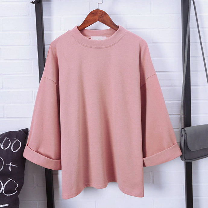 Women 3/4 Sleeves T-shirt Oversize Loose Round Neck Korean WOmen Casual T shirts Autumn Basic Tops  XRQ88