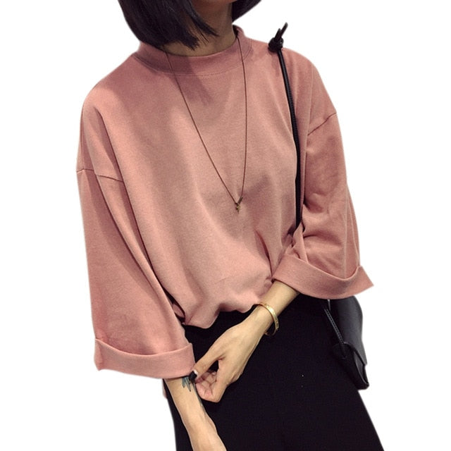 Women 3/4 Sleeves T-shirt Oversize Loose Round Neck Korean WOmen Casual T shirts Autumn Basic Tops  XRQ88