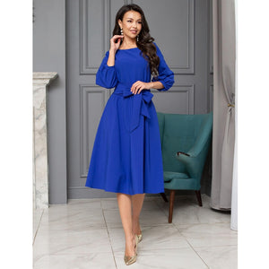 Bandage Party Dress Vintage Bow Tie Women Dress Ladies Lantern Sleeve o Neck Elegant Dress Autumn Fashion Knee Length Dress 2019