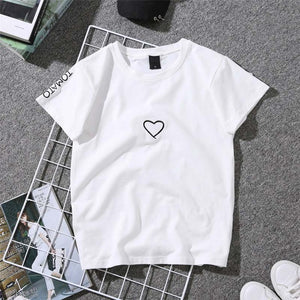 2019 Summer Couples Lovers T-Shirt for Women Casual White Tops Tshirt Women T Shirt Love Heart Embroidery Print T-Shirt Female