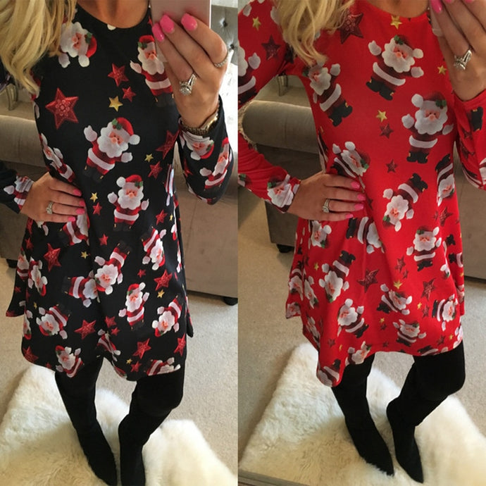 5XL Plus Size Autumn Women Dresses Cartoon Print Christmas Dress Casual Loose Long Sleeve Ropa Mujer Party Dress Robe Noel Femme