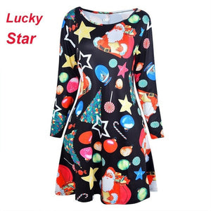 5XL Plus Size Autumn Women Dresses Cartoon Print Christmas Dress Casual Loose Long Sleeve Ropa Mujer Party Dress Robe Noel Femme