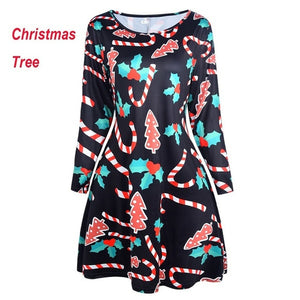 5XL Plus Size Autumn Women Dresses Cartoon Print Christmas Dress Casual Loose Long Sleeve Ropa Mujer Party Dress Robe Noel Femme