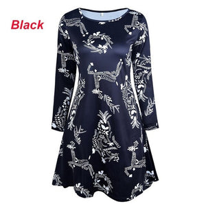 5XL Plus Size Autumn Women Dresses Cartoon Print Christmas Dress Casual Loose Long Sleeve Ropa Mujer Party Dress Robe Noel Femme