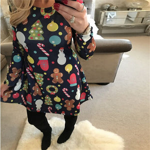 5XL Plus Size Autumn Women Dresses Cartoon Print Christmas Dress Casual Loose Long Sleeve Ropa Mujer Party Dress Robe Noel Femme