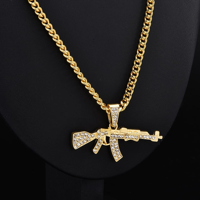 Fashion Punk Hip-Hop Women Men Gun Shape Pendant Crystal Rhinestone Chain Necklace Creative Necklaces Jewelry