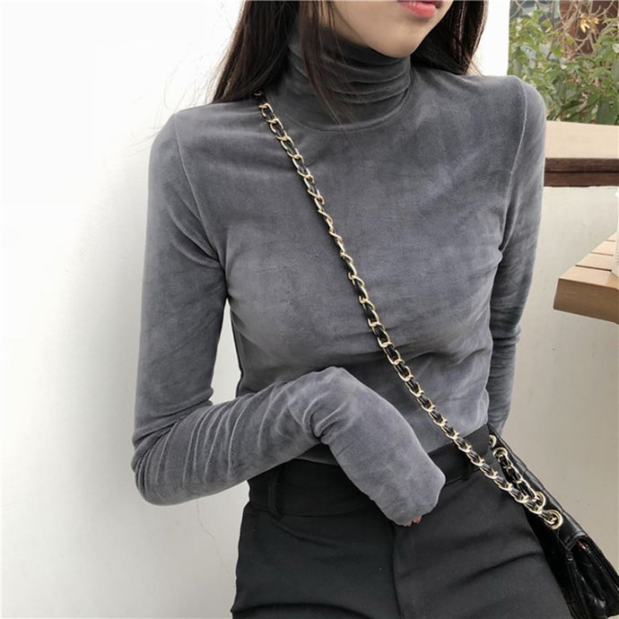 Women T Shirt Warm Gold Velvet Pullovers Tops Winter Warm Turtleneck Long Sleeve Tshirt High Collar Bottoming Slim T-shirt 2019