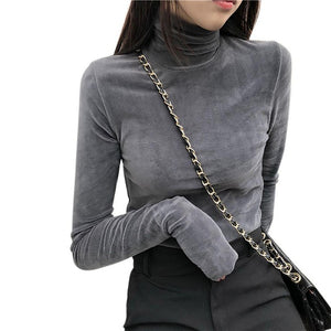 Women T Shirt Warm Gold Velvet Pullovers Tops Winter Warm Turtleneck Long Sleeve Tshirt High Collar Bottoming Slim T-shirt 2019