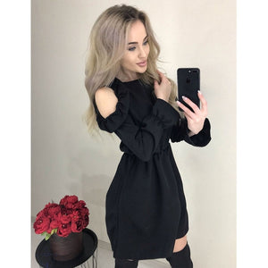 Women Sexy Off Shoulder Ruffle Mini A Line Dress Casual Solid Long Sleeve Dress