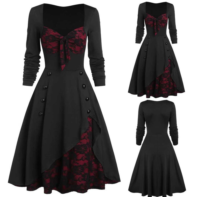 christmas dress autumn dress women Plus Size Party Dress Flower Lace Insert Mock Button Bowknot Vintage Dress ropa mujer