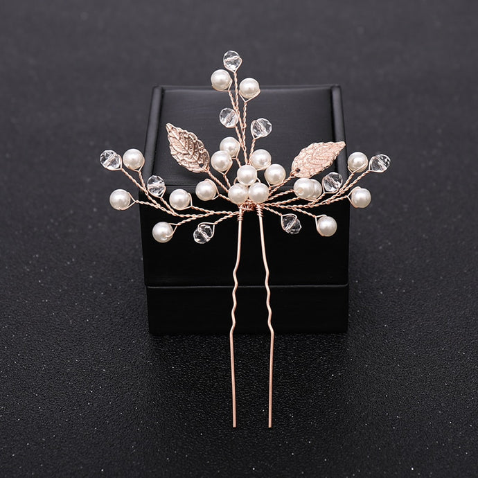 New Rose Gold Flower Crystal Pearl Wedding Hair Pins for Women