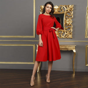 2019 Autumn Vintage Solid Lantern Sleeve a-Line Dress Women Elegant O-Neck Long Sleeve Sashes Knee-Length Casual Dress