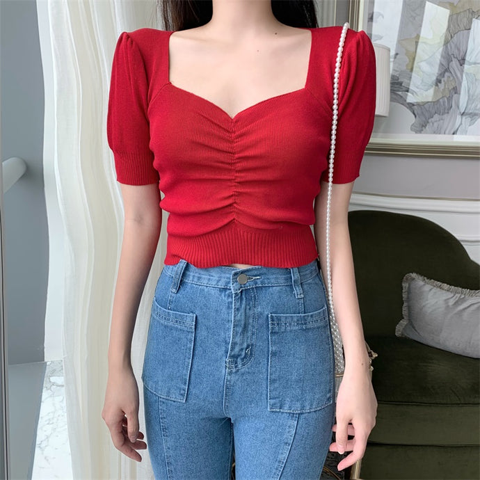 Vintage Puff Short Sleeve V-neck Knitted T-shirts Girls Solid Stretchy Crop Tops Thin Knitwear For Women