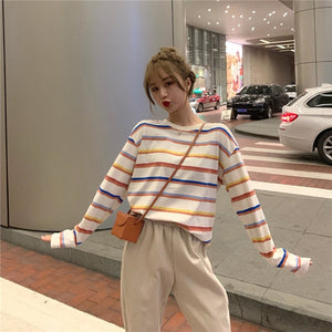 Rainbow T Shirt Women Striped Kawaii Clothes Harajuku Korean Style Streetwear Aesthetic Long Sleeve Fall Roupas Feminina O Neck