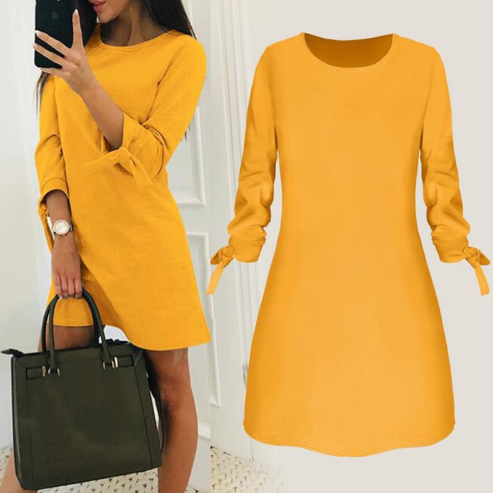 2019 Spring New Fashion Solid Color Dress Casual O-Neck Loose Dresses 3/4 Sleeve Bow Elegant Beach Female Vestidos Plus Size