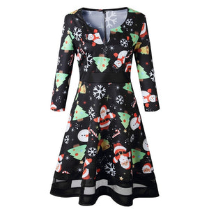 Autumn Winter Women Christmas Deer Santa Claus Printed Half Sleeve V Neck Dress Fashion New Knee Length High Waist Dress Vestido