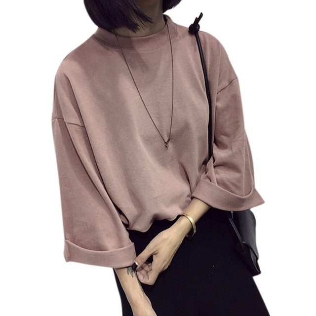 Newly Women 3/4 Sleeves T-shirt Oversize Loose Round Neck Minimalist Autumn Tops  IR-ing