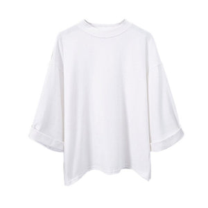 Newly Women 3/4 Sleeves T-shirt Oversize Loose Round Neck Minimalist Autumn Tops  IR-ing