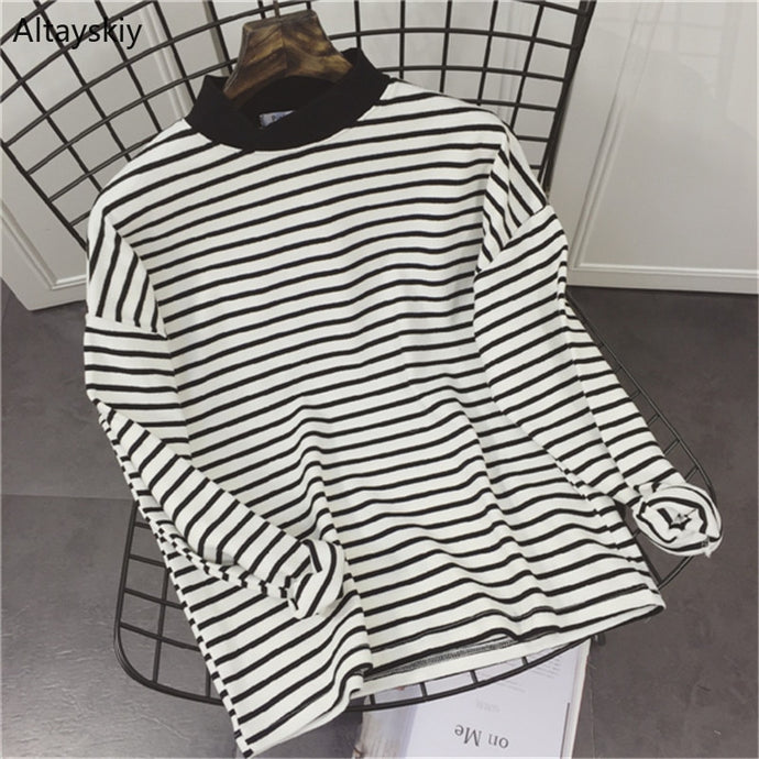 T-shirts Women Striped Loose Simple All-match Korean Style Leisure Daily Trendy Soft T-shirt Womens High Quality Retro Tees New