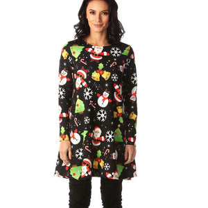 Autumn Winter New Women Chrismas Clothes Long Sleeve O Neck Christmas Tree Snowman Printed Slim Dress Knee Length Big Size S-5XL