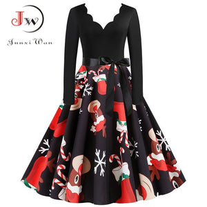 Black Big Swing Print Vintage Christmas Dress Women Winter Casual Long Sleeve