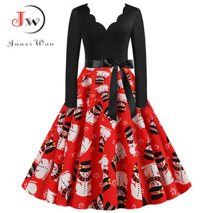 Black Big Swing Print Vintage Christmas Dress Women Winter Casual Long Sleeve