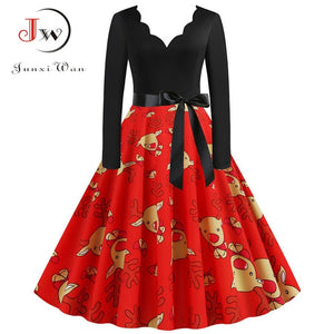 Black Big Swing Print Vintage Christmas Dress Women Winter Casual Long Sleeve