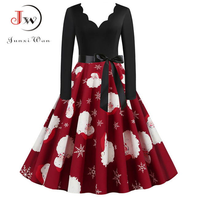 Black Big Swing Print Vintage Christmas Dress Women Winter Casual Long Sleeve